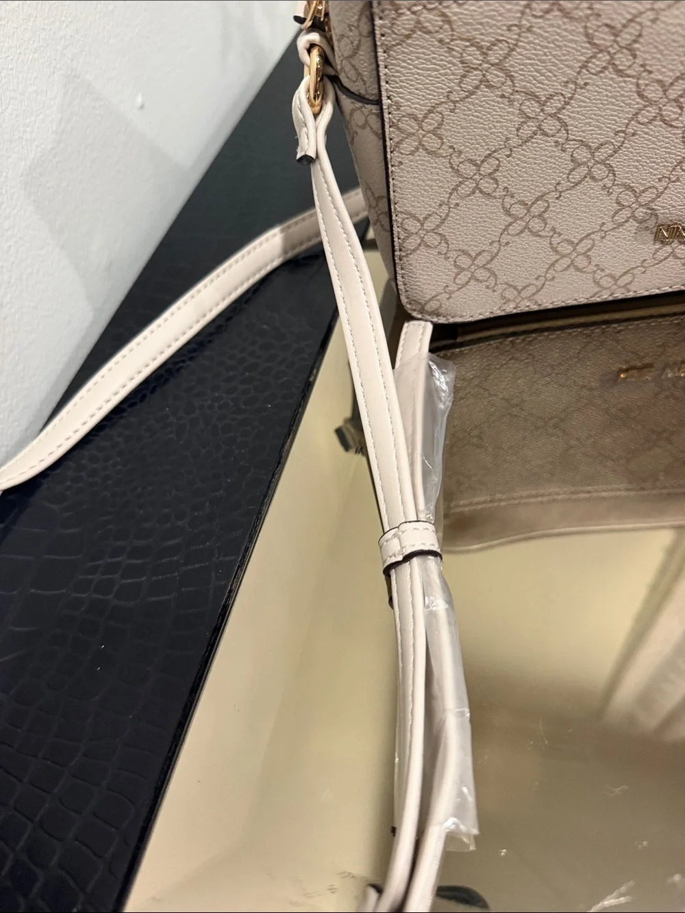 Nine West Beige Crossbody Camera Bag with Monogram Accent